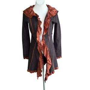 Sparrow Anthropologie Brown Merino Wool Silk Ruffle Trim Duster Cardigan Sweater